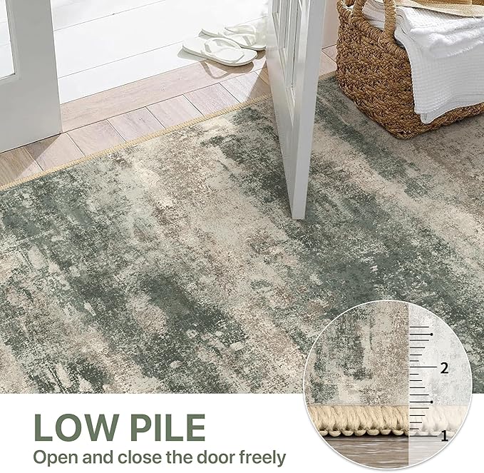 2x3 Rugs for Entryway Entrance Kitchen Bathroom, Machine Washable Modern Abstract Soft Area Rug, Indoor Floor Carpet with Non Slip Rubber Backing, Grey/Dark Green