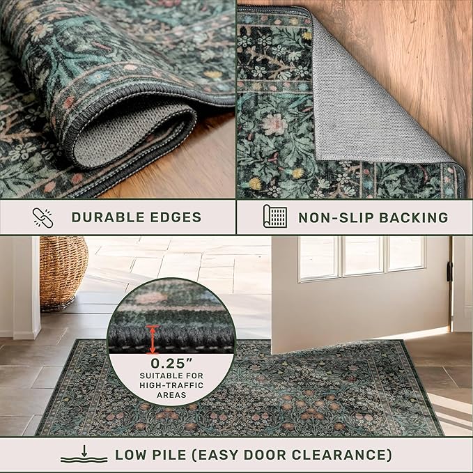 Vintage Dark Green Living Room Rug, 7x10 Washable Area Rugs for Dining Room Under Table, Bedroom, Oriental Low Pile Stain Resistant Non-Slip Thin Soft Carpet