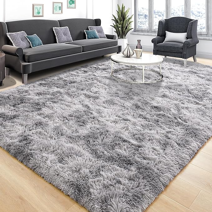 Tepook Soft Fluffy Rugs for Living Room, 5x8 Shaggy Area Rug for Bedroom, Modern Shag Rug Fuzzy Carpets for Kids, Plush Indoor Nursery Home Decor Rug with Non-Slip Bottom, Tie-dye Light Grey