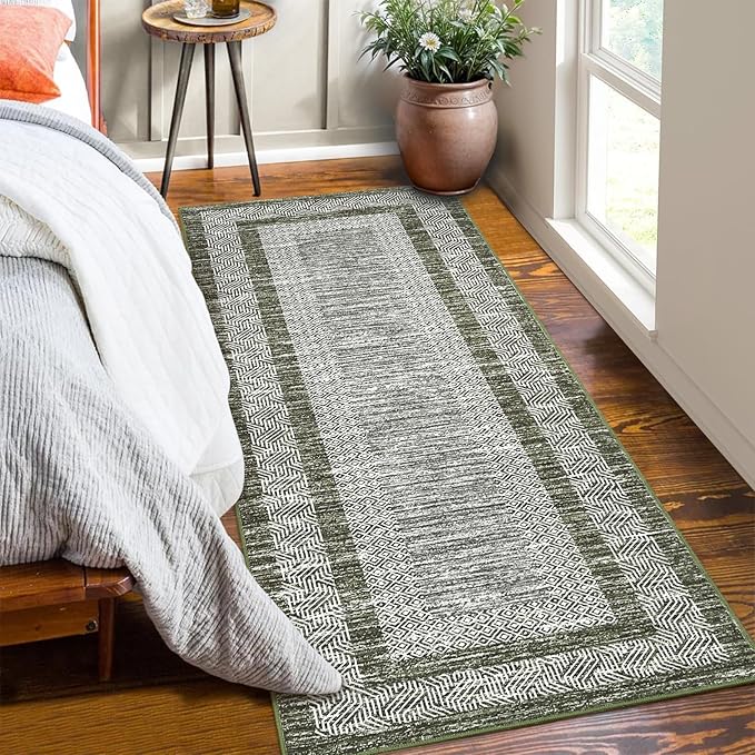 Washable 2.5x10 Kitchen Runner Rug, Easy Clean Geometri Rugs for Hallway Entryway, Indoor Outdoor Non Slip Rug Farmhouse Morden Carpet Door Mat Area Rug for Laundry Room Green