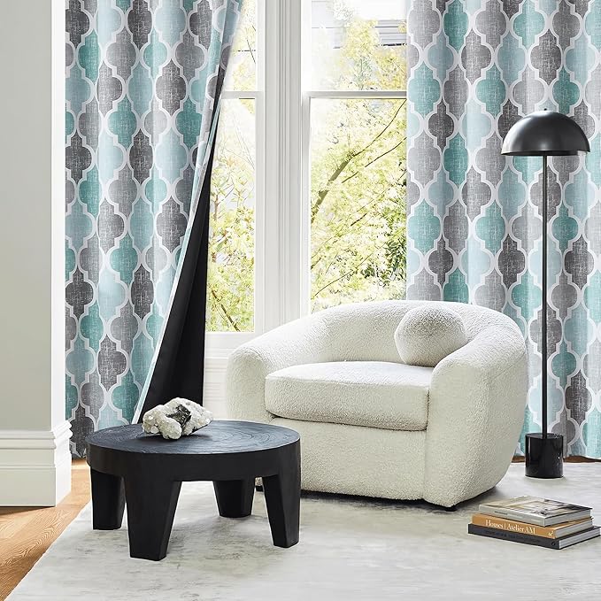 Beauoop 100% Blackout Curtains 54 Inches Long 2 Panels for Bedroom Living Room Aqua Grey Moroccan Geo Room Darkening Thermal Insulated Soundproof Grommet Top Window Treatments Drapes, 50x54 Set of 2