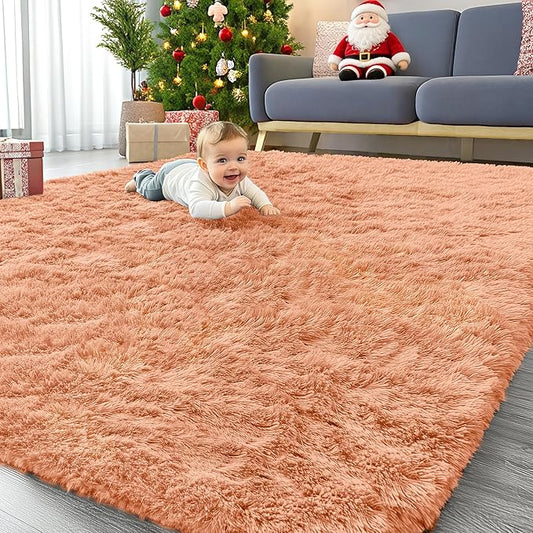 OLANLY 8x10 Machine Washable Large Area Rugs for Living Room, Bedroom, Soft Fluffy Shaggy Bedside Rug, Indoor Floor Carpet for Kids Girls and Boys, Dorms, Nursery, Home Decor Aesthetic, Muted Orange