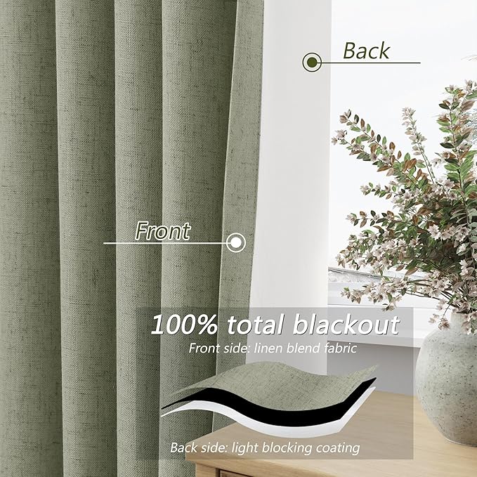 Sage Green 100% Blackout Linen Curtains 120 Inch Length 2 Panels Set for Living Room Bedroom Back Tab Thermal Insulated Black Out Drapes Room Darkening Farmhouse Style for Bedroom Window Curtains