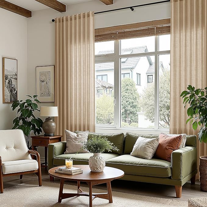 Sand Beige Linen Curtains for Living Room 105 Inches Long Simple Modern Light Filtering Semi Sheer Curtain Back Tab Rustic Farmhouse Luxury Home Decor Drapes for Bedroom Dinner Room 52x105, 2 Panels