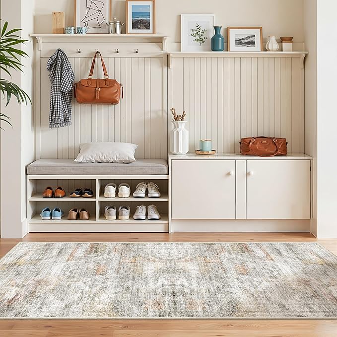 Washable Runner Rugs for Bedroom - 2x6 Runner Rug Non Slip, Ultra-Thin Entryway Runner, Soft Abstract Kitchen Runner for Hallway, Laundry, Bathroom, Indoor Door Mat(2'x6', Grey/Rust)