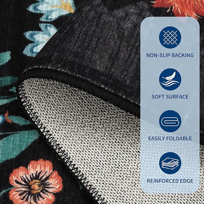 GarveeHome Washable Rug 4x6 Area Rugs for Living Room, Floral Rug for Bedroom, Soft Boho Non Slip Throw Rugs with Rubber Back, Low Pile Stain Resistant Vintage Floral Carpet for Dining Room, Black