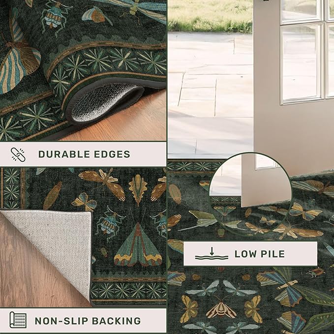 2x10 10ft Long Hallway Rug Runner - Washable Boho Rug for Entryway Idoor Non Slip, Dark Green Forest Butterfly Vintage Carpet, Low Pile & Soft Stain Resistant Indoor Décor