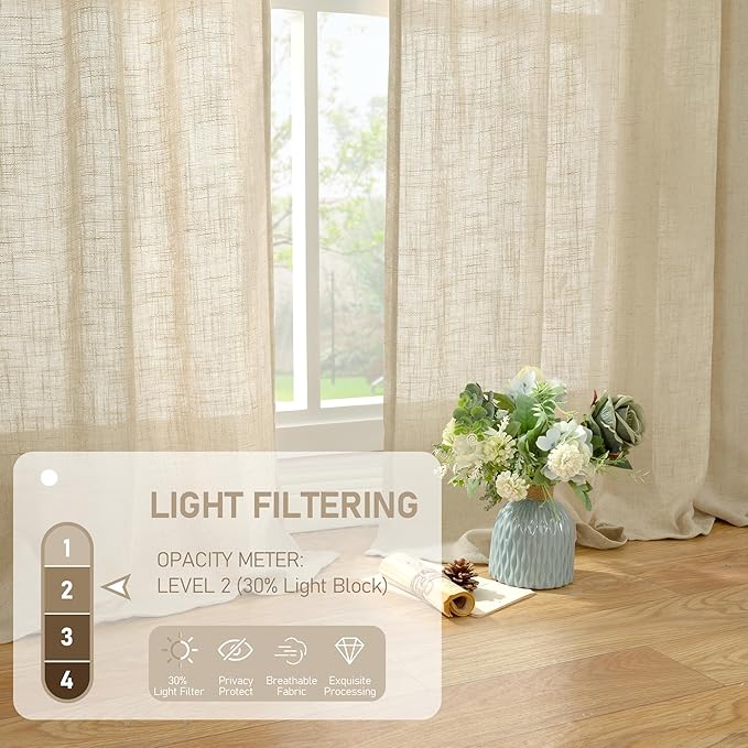 LAMIT Semi Sheer Linen Curtains 36 Inch Length 2 Panels, Light Filtering Panels Back Tab and Rod Pocket Neutral Drapes for Cafe/Kitchen/Loft Room, Linen, 25 x 36 Inch