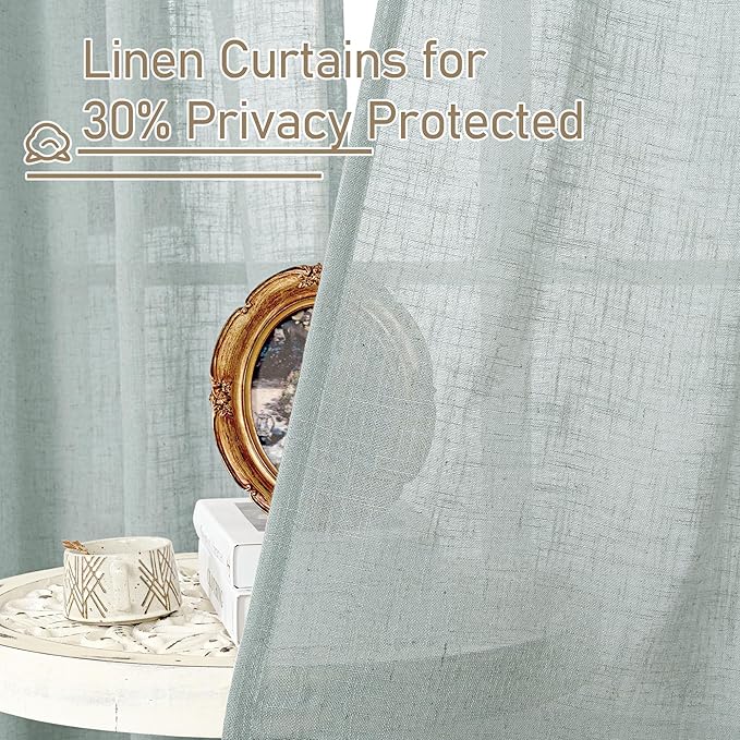 LAMIT Living Room Linen Curtains 95 Inch for Bedroom, Back Tab and Rod Pocket Linen Textured Sheer Panels Light Filtering Burlap Drapes for Farmhouse, 2 Panels, 52 x 95 Inch, Greyish Blue