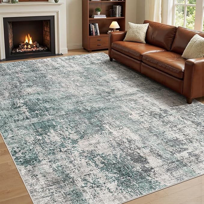 UERMEI 9x12 Area Rug Living Room Rugs - Washable Neutral Modern Abstract Soft Thin Large Rug Indoor Floor No Slip Rug Carpet for Bedroom Under Dining Table Home Office Decor - Green/Grey
