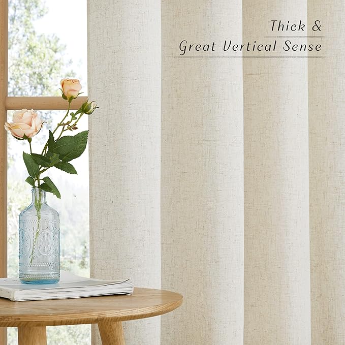 NICETOWN Natural Flax Linen Bedroom Curtains 90 inches Long, Grommet Semi Sheer Vertical Drapes Privacy Added with Light Filtering for Living Room/Home Office, W55 x L90, 2 Pieces