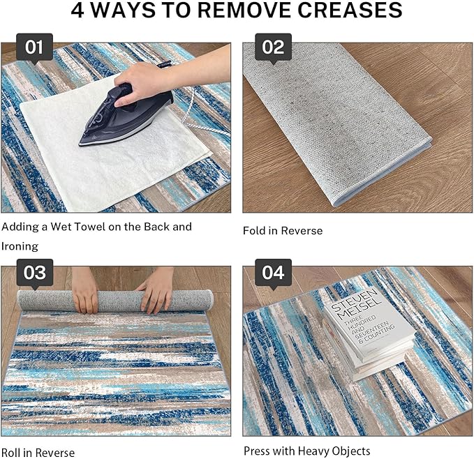 Lansny Modern Abstract Runner Rug 3x8, Blue Washable Kitchen Runner Non-Slip Soft Hallway Rug Runner Thin Print Faux Wool Carpet for Entryway Bedroom Laundry Room Indoor Home Office Decor