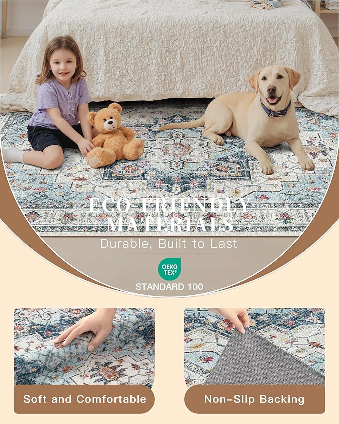 Madane Area Rug 4x6 Washable Rugs: Vintage Living Room Rug Soft Low Pile Non Slip Area Rugs Distressed Indoor Floor Carpet for Bedroom Kitchen Dining Room Home Decor, Blue