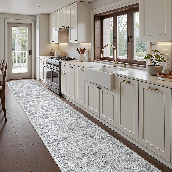 Washable Runner Rug 2.5x14, Non-Slip Long Hallway Runner for Entryway, Soft Vintage Kitchen Mats for Floor, Abstract Dining Room, Bedroom, Living Room Rugs(2.5'x14', Grey/Ivory)