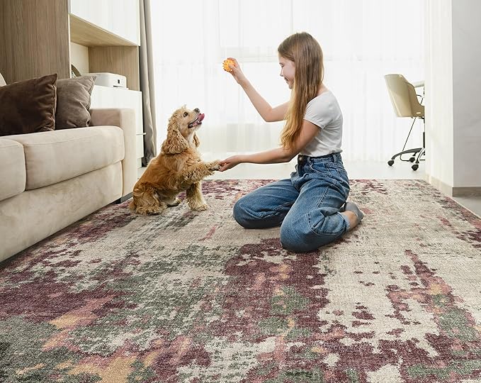 UERMEI 8x10 Area Rug Living Room Rugs - Washable Neutral Modern Abstract Soft Thin Rug Indoor Floor No Slip Rug Carpet for Bedroom Under Dining Table Home Office Decor - Purple/Green/Beige