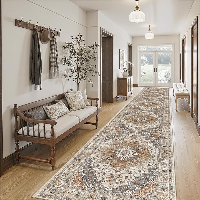 Madane Hallway Runner Rug 2'6''x16' Kitchen Runner - Non Slip Vintage Runners for Hallways Washable Soft Low Pile 2.5x16 ft Rug Runner for Laundry Room, Entryway and Bedroom, Turmeric/Grey
