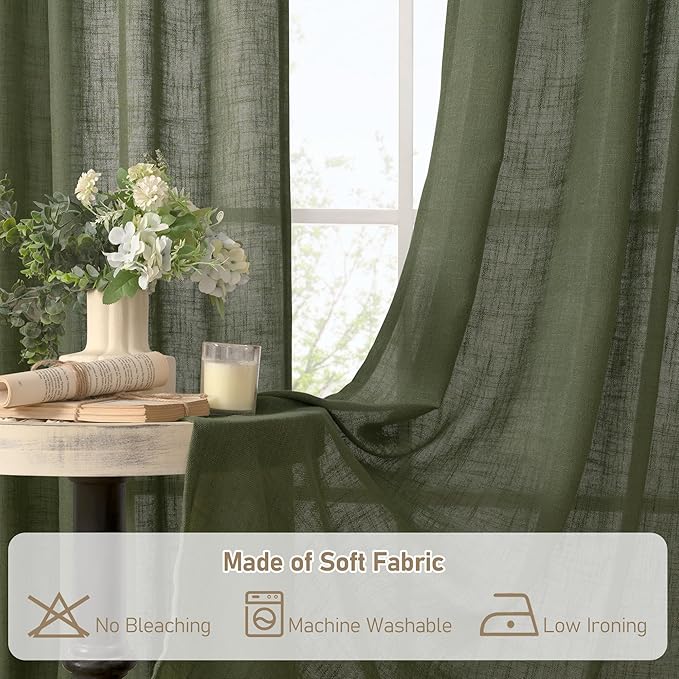 LAMIT Olive Green Linen Curtains for Living Room 84 inch Length 2 Panels, Light Filtering Semi Sheer Panels Back Tab and Rod Pocket Boho Christmas Drapes for Bedroom/Farmhouse, 38 x 84 Inch