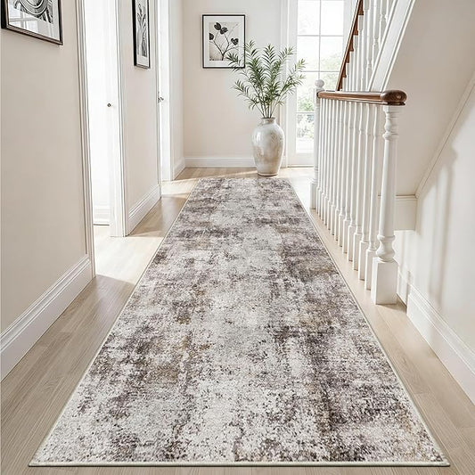 3x10 Washable Runner Rug for Hallway: Non Slip Runners Rugs Easy-to-Clean - Soft Living Room Bedroom Kitchen Carpet - Thin Low Pile Printed Floor Mat for Dining Room Beige Brown