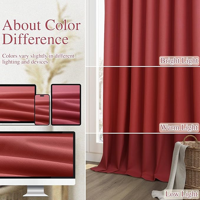 Guken Red 100% Blackout Linen Curtains 102 Inch Length 2 Panels Set for Living Room Bedroom Back Tab Thermal Insulated Black Out Drapes Room Darkening Farmhouse Window Curtains 102 Inches Long