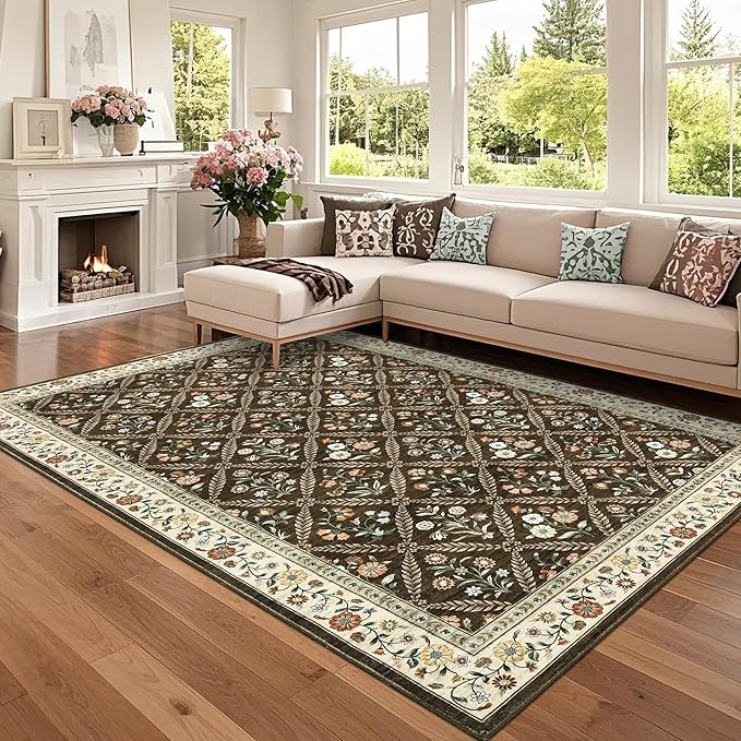 Large Entryway Rug 3x5 Floral Washable Area Rugs Vintage Soft Non-Slip Small Floor Carpet Doormat Stain Resistant Low-Pile Ultra-Thin Entry Mat for Bedside Kitchen Brown