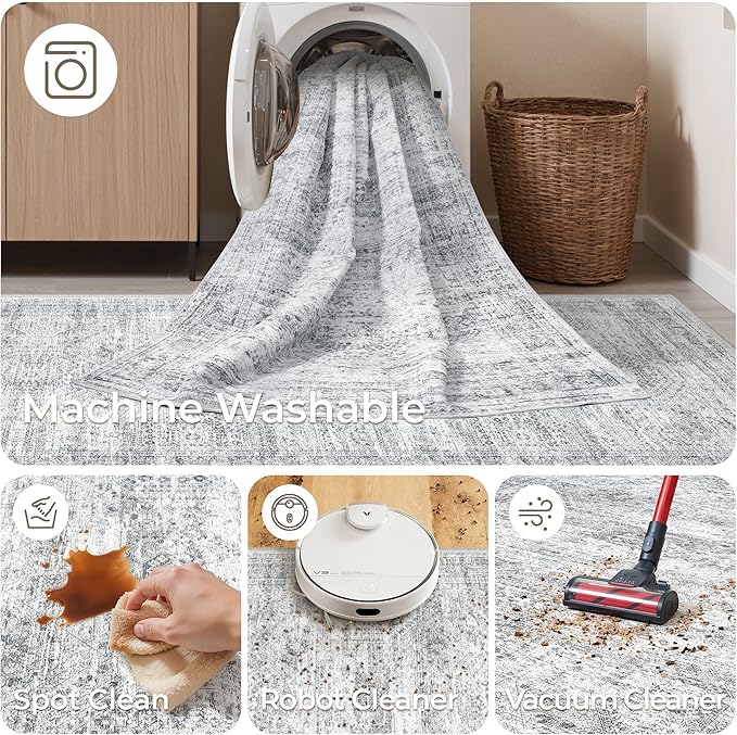 3x6 Runner Rug Non Slip, Thin Entryway Washable Rug for Entryway, Runners for Hallways, Low Pile Vintage Abstract Soft Rugs for Living Room, Kitchen, Bedroom (3'x6', Grey/Ivory)