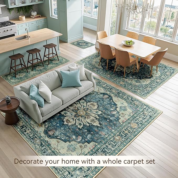 Area Rugs 4'x6' Washable Non-Slip, Floral Vintage Distress Print Pattern Medallion Carpet for Living Room Bedroom Dining Room, Dark Blue Vintage
