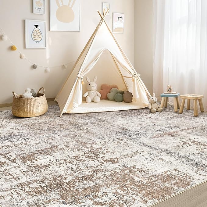 UERMEI 7x9 Area Rug Living Room Rugs - Washable Neutral Modern Abstract Soft Thin Rug Indoor Floor No Slip Rug Carpet for Bedroom Under Dining Table Home Office Decor - Brown/Grey/Red