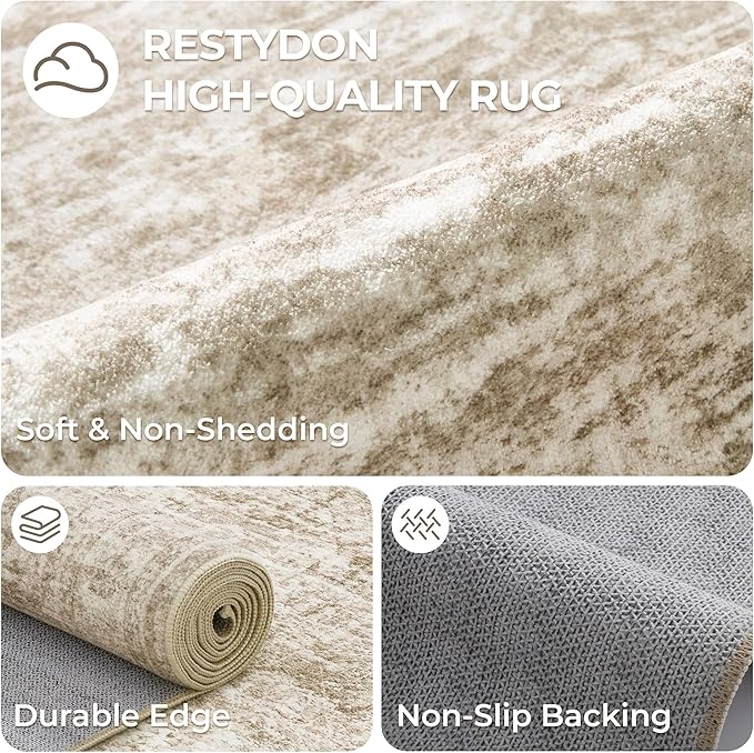 3x5 Washable Area Rug for Entryway, Soft Kitchen Rugs Non Slip for Dining Room, Vintage Abstract Living Room Rug, Thin Area Rugs Indoor for Bedroom, Kids Room Decor(3'x5', Brown/Ivory)