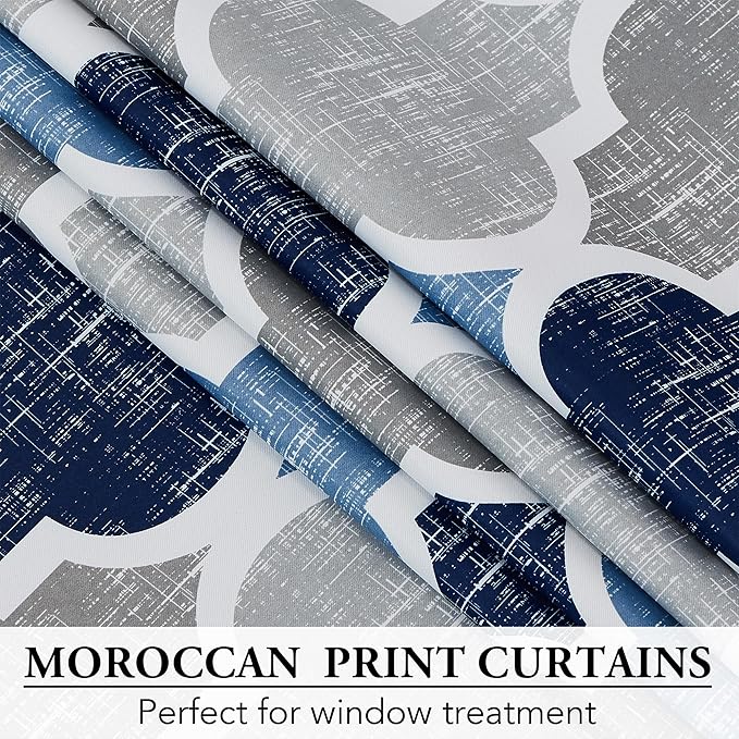 Beauoop 100% Blackout Curtains 84 Inches Long 2 Panels for Bedroom Living Room Blue Grey Moroccan Geo Room Darkening Thermal Insulated Soundproof Grommet Top Window Treatments Drapes, 50x84 Set of 2