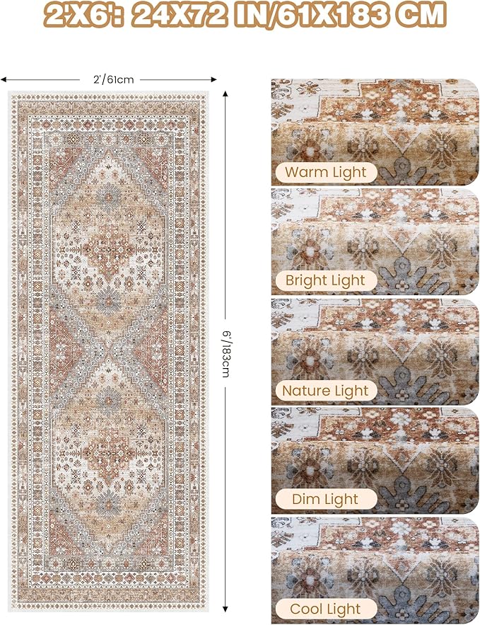 Runner Rug 2x6, Ultra-Thin Entryway Rug Non Slip Washable Rugs for Laundry Room, Runners for Hallways, Vintage Soft Rugs for Living Room, Kitchen, Bedroom(Orange,2'x6')