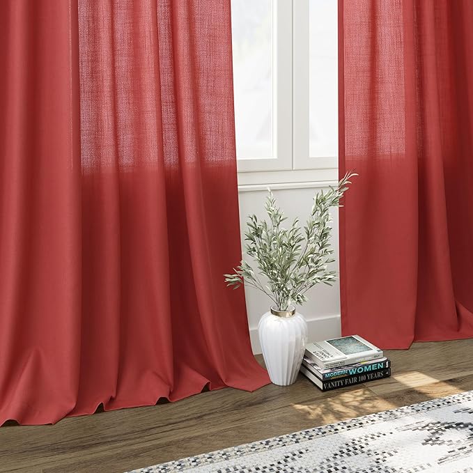 Christmas Red Linen 120 Inch Curtains for Living Room Light Filtering Semi Sheer Curtain Back Tab Vintage Rustic Neutral Luxury Home Decor Floor to Ceiling High Window for Bedroom 52x120,2 Panels