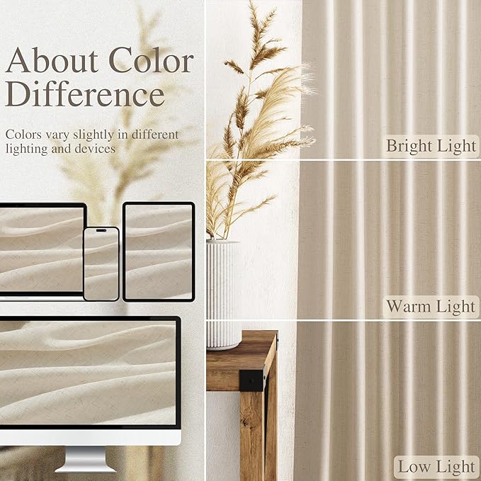 Nanspring Modern Farmhouse Decor Curtains 96 Inches Long for Living Room Linen Birch Beige Luxury Light Filtering Semi Sheer Curtain Back Tab Coastal Drapes for Bedroom Office 52x96, 2 Panels