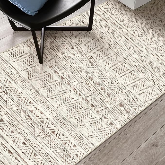 3x5 Washable Entryway Area Rug: Modern Moroccan Small Runner Rug Indoor Soft Non Slip Rug for Living Room Low Pile Thin Floor Carpet for Kitchen Dining Room Bedroom Home Office Decor(3x5,Beige)