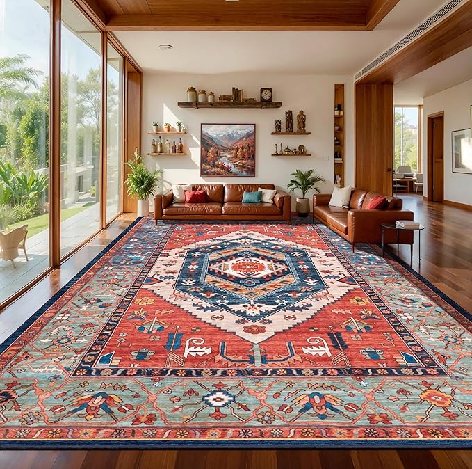 SERISSA 10x12 Area Rugs for Living Room, Large Washable Non-Slip Boho Rug, Ultra Soft Vintage Rust Oriental Tribal Print Distressed Carpet for Dining Room Bedroom Office Home Decor