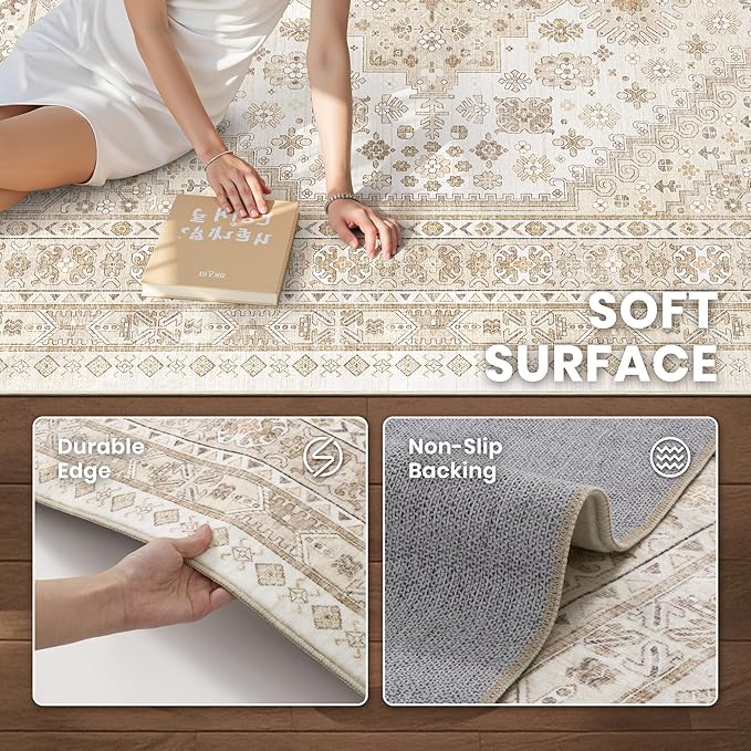 zesthome 10x14 Area Rugs,Stain Resistant Washable Rug,Ultra-Thin Rugs for Living Room,Bedroom,Non-Slip Backing Home Decor Large Area Rug (Cream/Beige,10'x14')