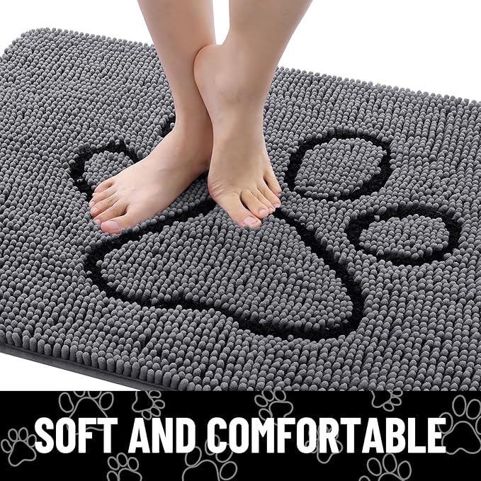 Smiry Dog Door Mat for Muddy Paws, Absorbent Dirt Trapper Non Slip Quick Dry Washable Chenille Mat for Mud Dogs, Entry Rug for Indoor and Outdoor (30x20 Inches, Dark Grey and Black)