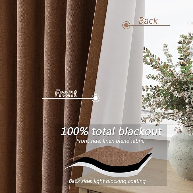 Guken Caramel Brown 100% Blackout Linen Curtains 102 Inch Length 2 Panels Set for Living Room Bedroom Back Tab/Rod Pocket Thermal Insulated Black Out Drapes Farmhouse Room Darkening Window Curtains