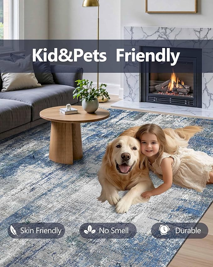 Latte&Fog 8x10 Area Rugs for Living Room, Large Blue Modern Abstract Washable Rug, Boho Non Slip Low Pile Carpet for Bedroom Dining Room, Office, Dorm, Classroom, Farmhouse and Kids Room - Blue Grey