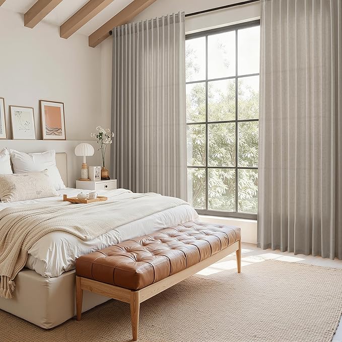 Nanspring Grey Beige Linen Curtains 84 Inches Long for Living Room Light Filtering Semi Sheer Curtain Back Tab Simple Modern Elegant Neutral Luxury Boho Gray Drapes for Bedroom 52x84, 2 Panels