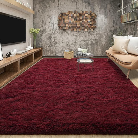 Tepook Fluffy Large Rugs for Living Room, Area Rug 6x9 Soft Carpet for Bedroom, Modern Shaggy Rug for Kids Boys Girls, Plush Indoor Nursery Home Decor Rug with Non-Slip Bottom, Burgundy Red