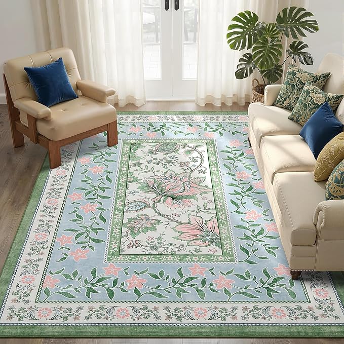 GarveeHome Blue Green Pink Washable 6x9 Area Rugs, Botanical Grove Vintage Cottagecore Non-Slip Rug for Living Room Bedroom Nursery Kitchen Low-Pile Retro Large Carpet