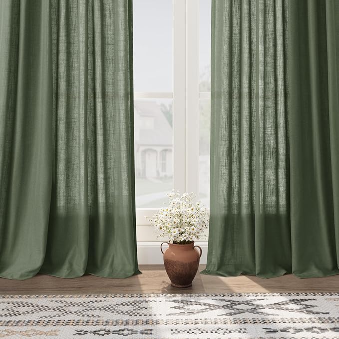 Nanspring Olive Green Linen Sheer Curtains for Living Room 2 Panels Set 106 Inch Length Back Tab Light Filtering & Breathability Semi Sheer Curtain Drapes for Bedroom 52x106