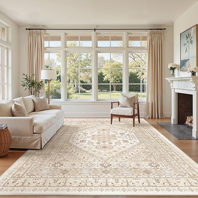 zesthome 7x9 Area Rug, Super Soft Washable Rugs for Living Room, Non-Slip Stain Resistant Vintage Rugs, Ultra-Thin Large Area Rugs (Cream/Beige,7'x9')
