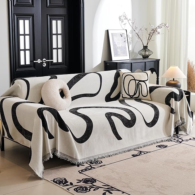 MYSKY HOME Boho Couch Cover Super Soft Couch Covers for 2-3 Cushion Couch Sofa, Modern Black Jacquard Sofa Slipcover Loveseat Futon Cover, Couch Covers for Sectional Sofa, 71" x 134", Black Curve