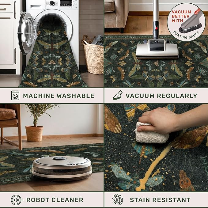 3x4 Unique Entryway Rug - Throw Rug for Large Kitchen, Entry Way, Mudroom, Dark Green and Black Insect Print, Washable Low Pile Floor Carpet