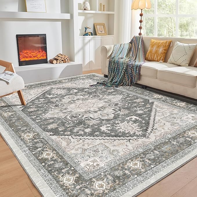 OPPODREAM Soft 6x9 Area Rugs, Washable Rug 6x9 with Non Slip Backing, Faux Cashmere Low-Pile 6 x 9 Carpet, Greenish Grey