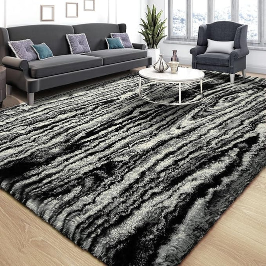 Tepook Soft Fluffy Rugs for Bedroom, 4x6 Area Rug for Living Room, Modern Shaggy Room Rug for Kids Boys Girls, Plush Throw Rugs Indoor Nursery Home Decor Rug with Non-Slip Bottom, Black White