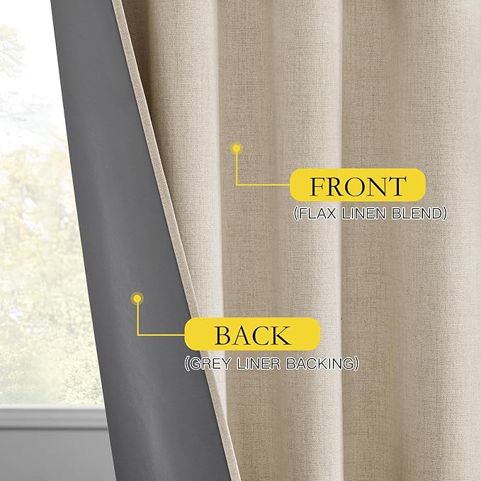 NICETOWN Cream 100% Blackout Linen Curtains 120 inch Long Burg for Living Room, 1 Pair, 62" Width Each Panel, Farmhouse Thick Completely Blackout Window Treatment Thermal Insulated Drapes