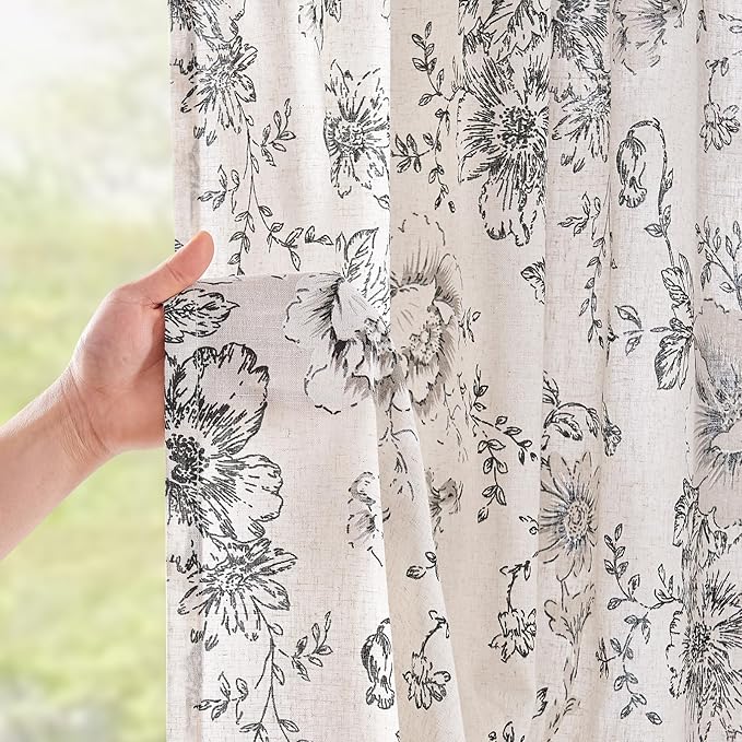 jinchan Linen Blend Curtain Floral Curtains for Living Room 72 Inch Length Black Printed Curtain Rod Pocket Back Tab Farmhouse Peony Flower Patterned Drapes Bedroom Window Curtains Set 2 Panels