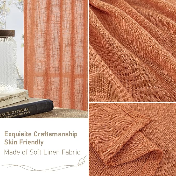 LAMIT 102 Inches Long Linen Curtains for Living Room, Back Tab and Rod Pocket Semi Sheer Curtains Light Filtering Farmhouse Drapes for Bedroom/Dining Room, Burnt Orange, Set of 2, 52 x 102 Inch